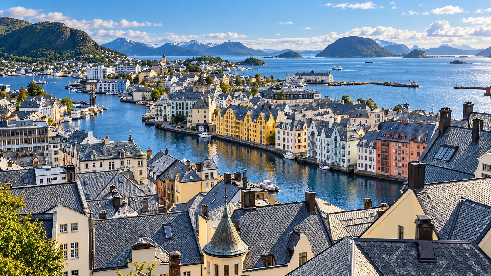Skifertak, fargerike jugendhus og blått sund i et kystlandskap
